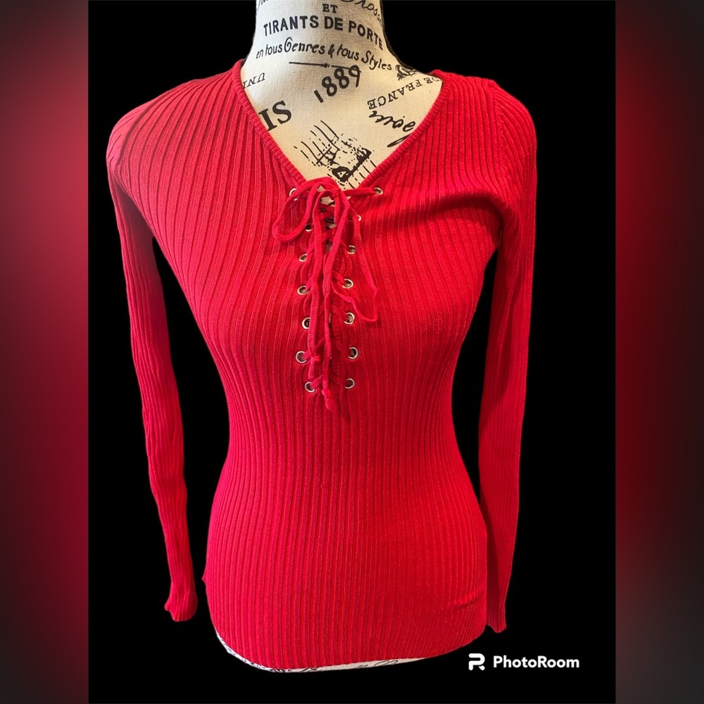 Derek Heart Red Ribbed Tie Front Sweater